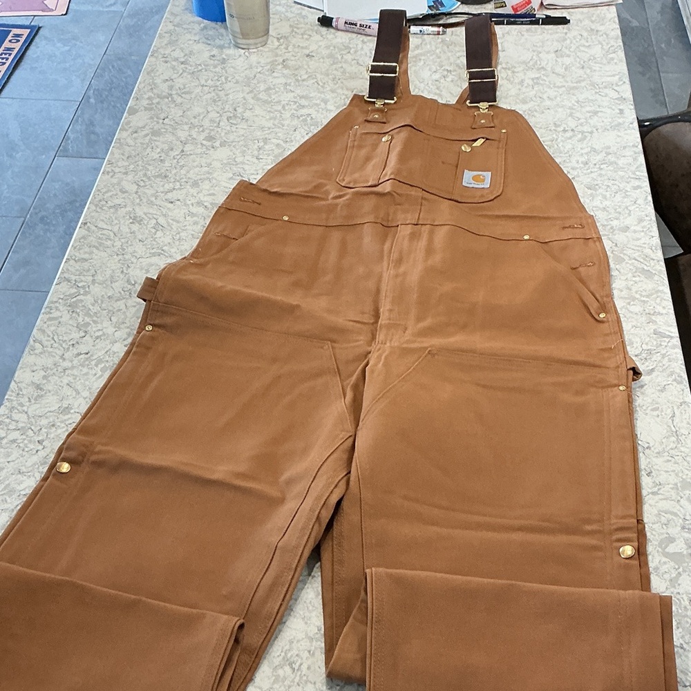Carhartt Brown Duck Canvas Bib Overalls with Dark Brown Straps Zip and Snap leg